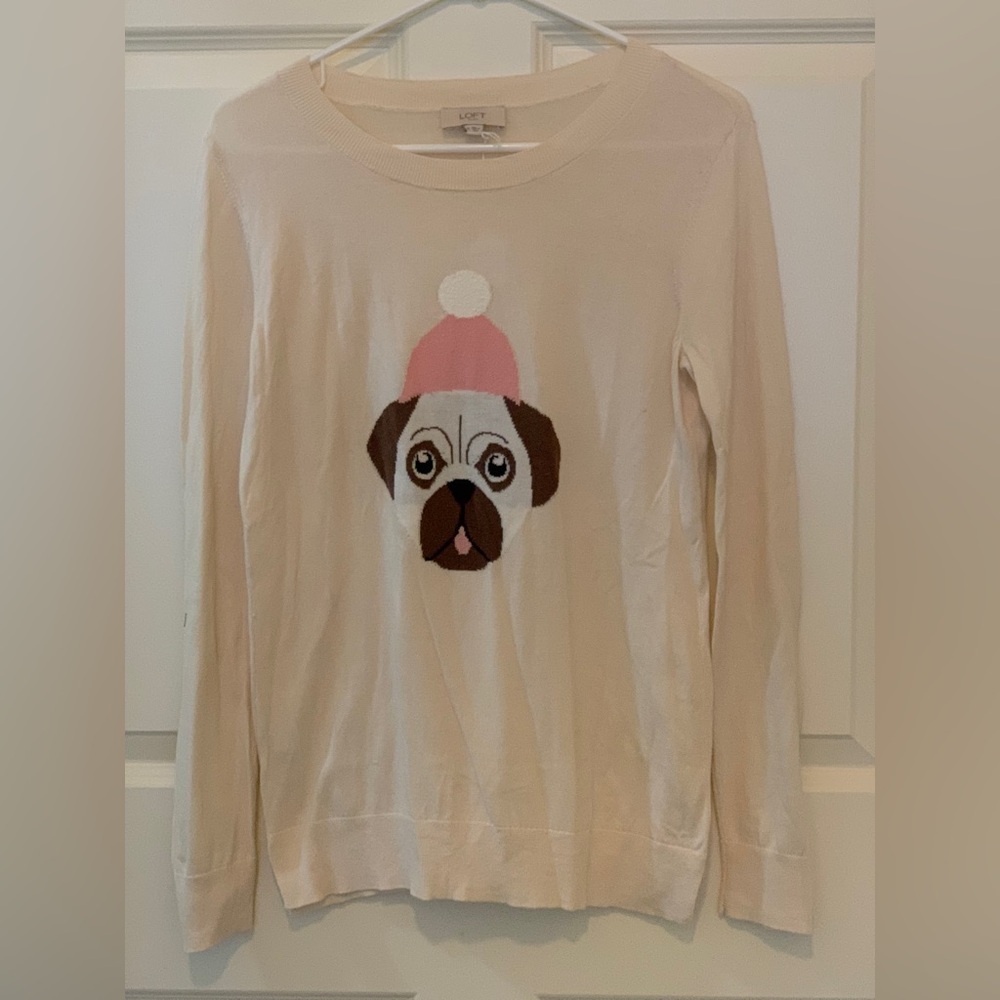 LOFT Cream Crew Neck Sweater with Pug Design.  Size-Medium
